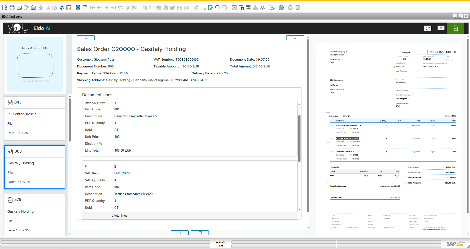 EIDO Dashboard UI showing charts and document lists